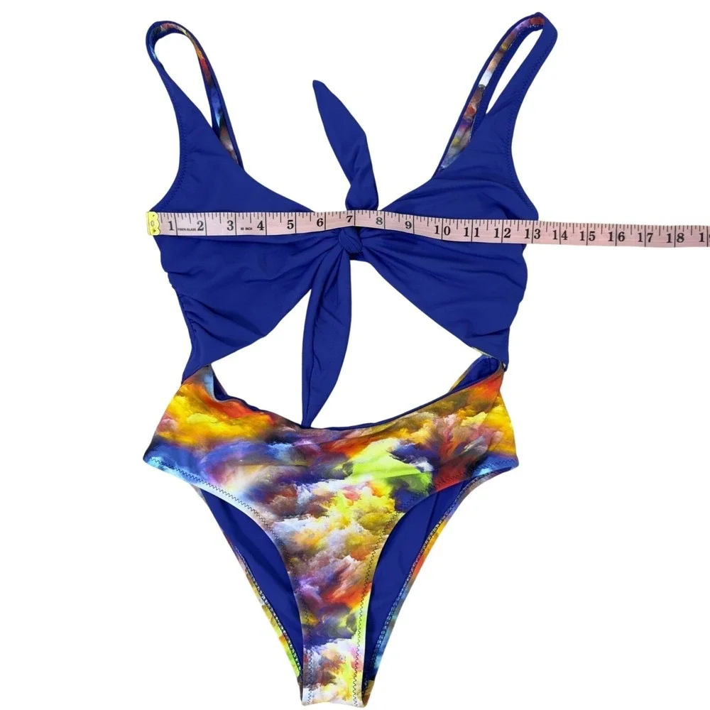 Zuiki Reversible One‎ Piece Swimsuit Blue Abstract Cloud Print Cutout Tie Front